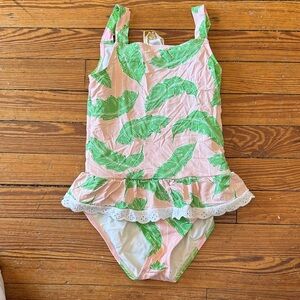 The Beaufort Bonnet Company Pink One-Piece Swimsuit with Green Leaf Print